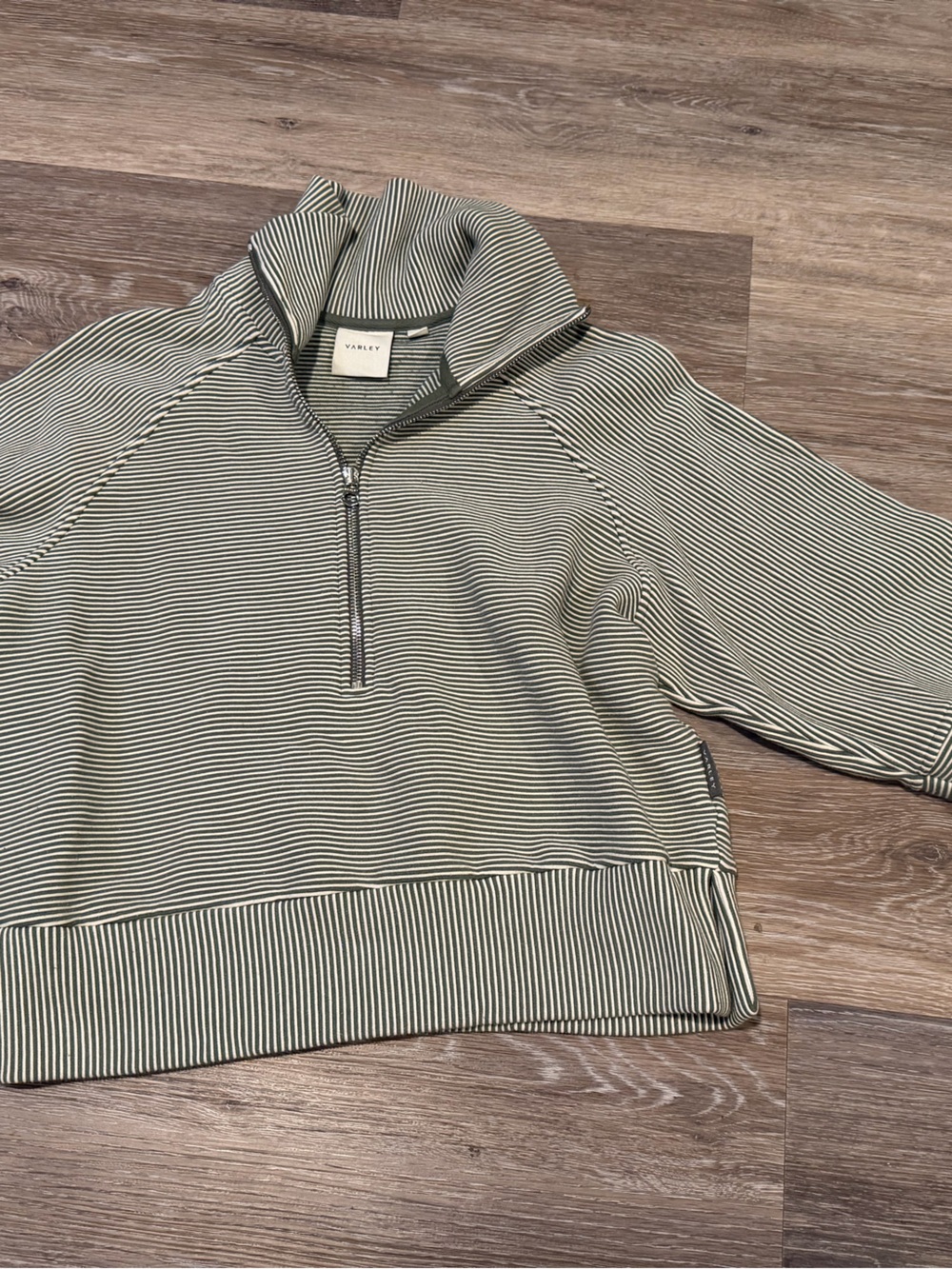 Varley Olive and White Striped Quarter-Zip Cowl Sweater